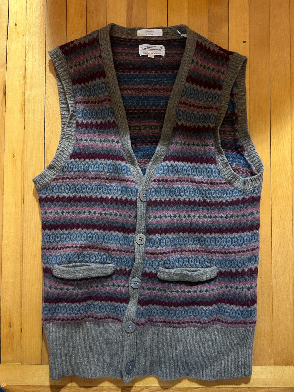 Vintage GANT Striped Knit Button Vest in Gray, Blue & Berry